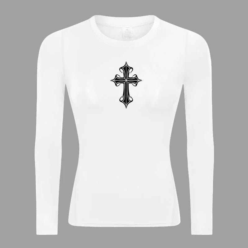 Long Sleeve Woman's Revena™ "Ember Cross" Pattern Elastic Compression Shirt