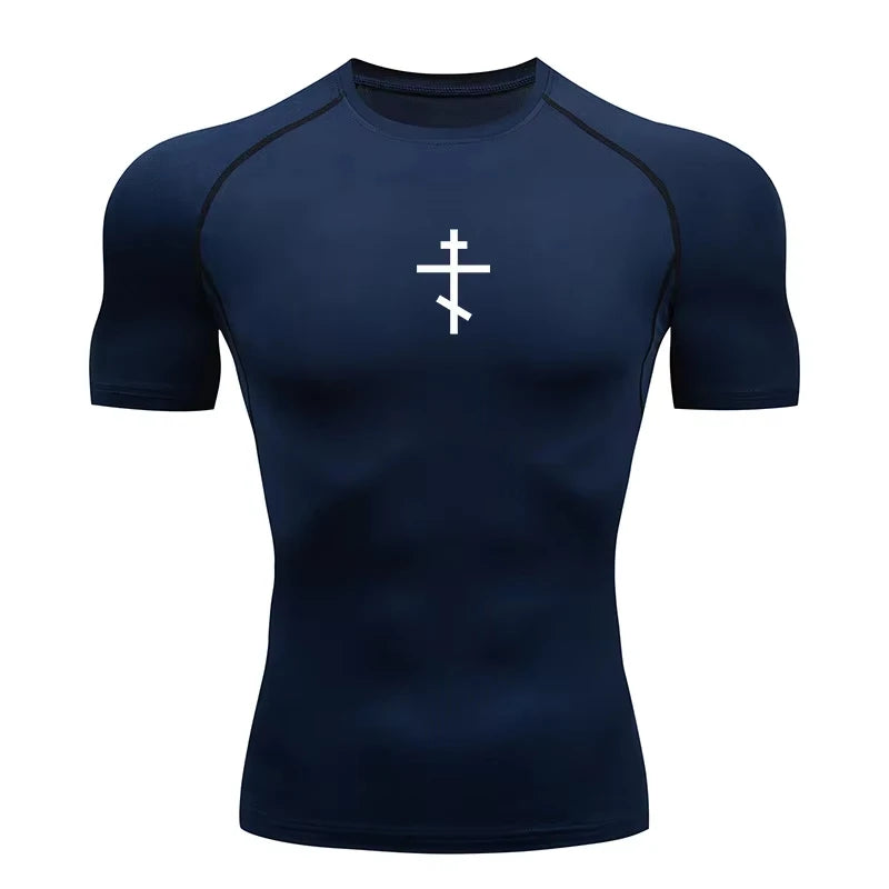 Short Sleeve Revena™ "Orthodox Cross" Pattern Elastic Compression Shirt