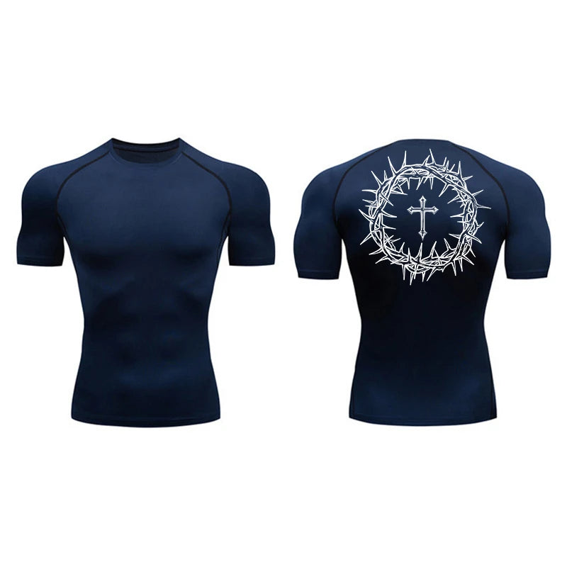 Short Sleeve Revena™ "Crown Of Thorns" Pattern Elastic Compression Shirt