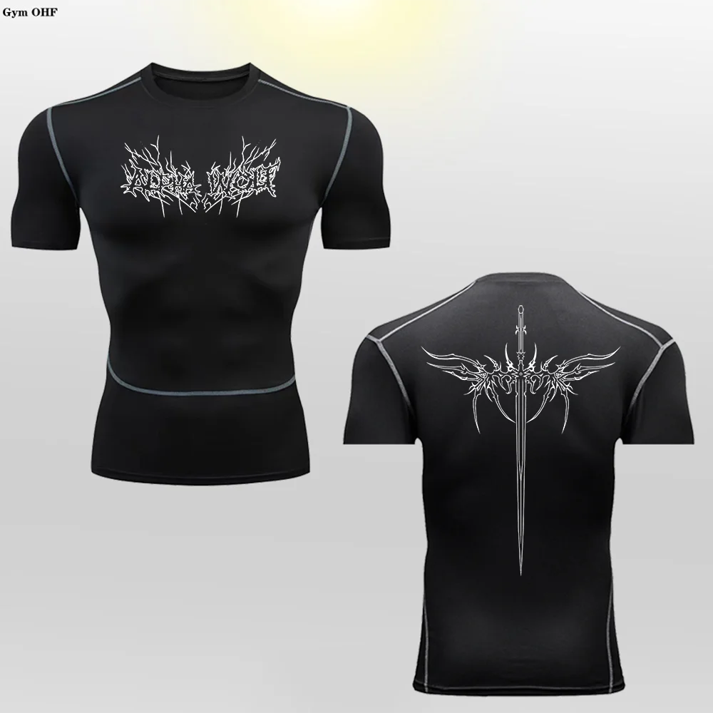 Short Sleeve Revena™ "Alpha Wolf" Pattern Elastic Compression Shirt