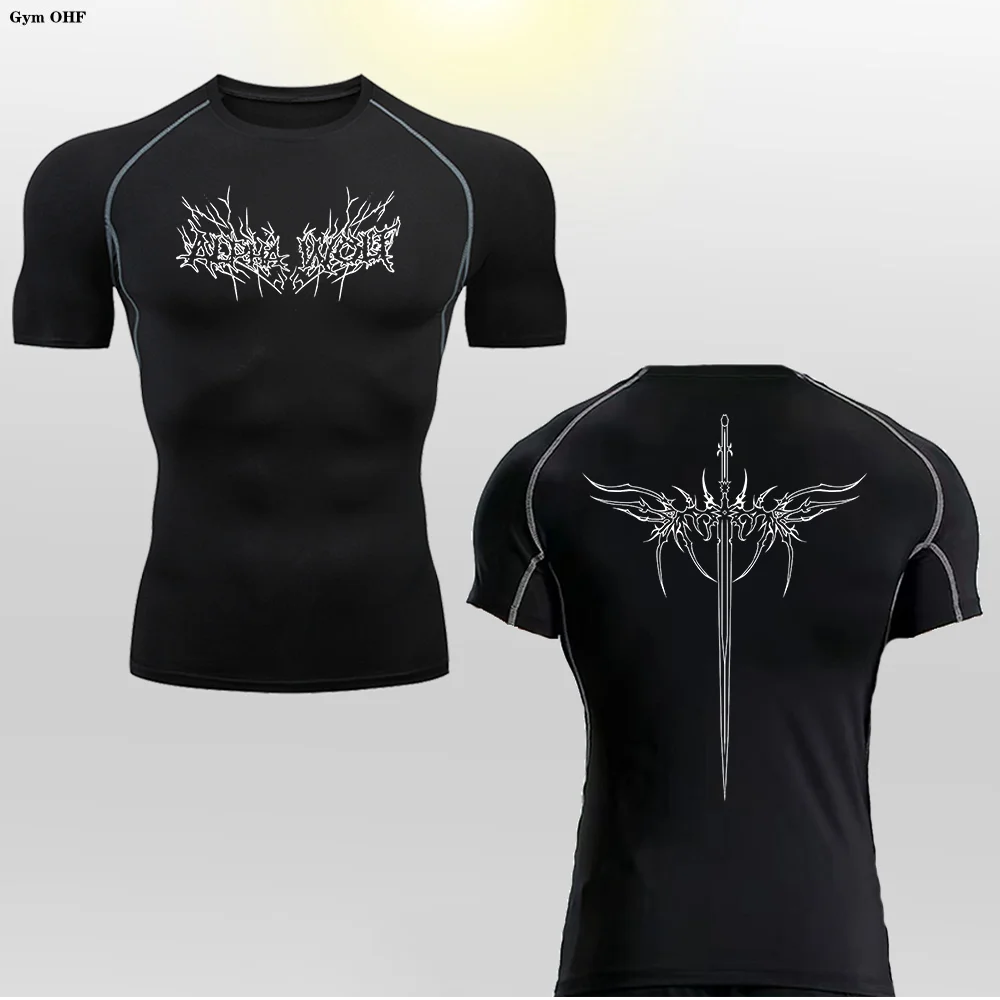 Short Sleeve Revena™ "Alpha Wolf" Pattern Elastic Compression Shirt