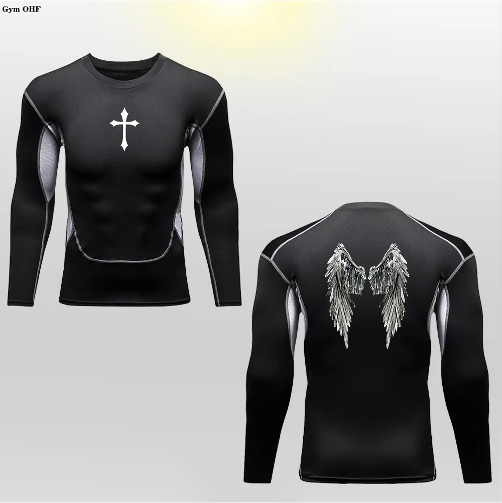 Long Sleeve Revena™ "Angel" Pattern Elastic Compression Shirt