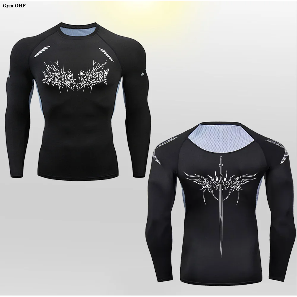 Long Sleeve Revena™ "Alpha Wolf" Pattern Elastic Compression Shirt