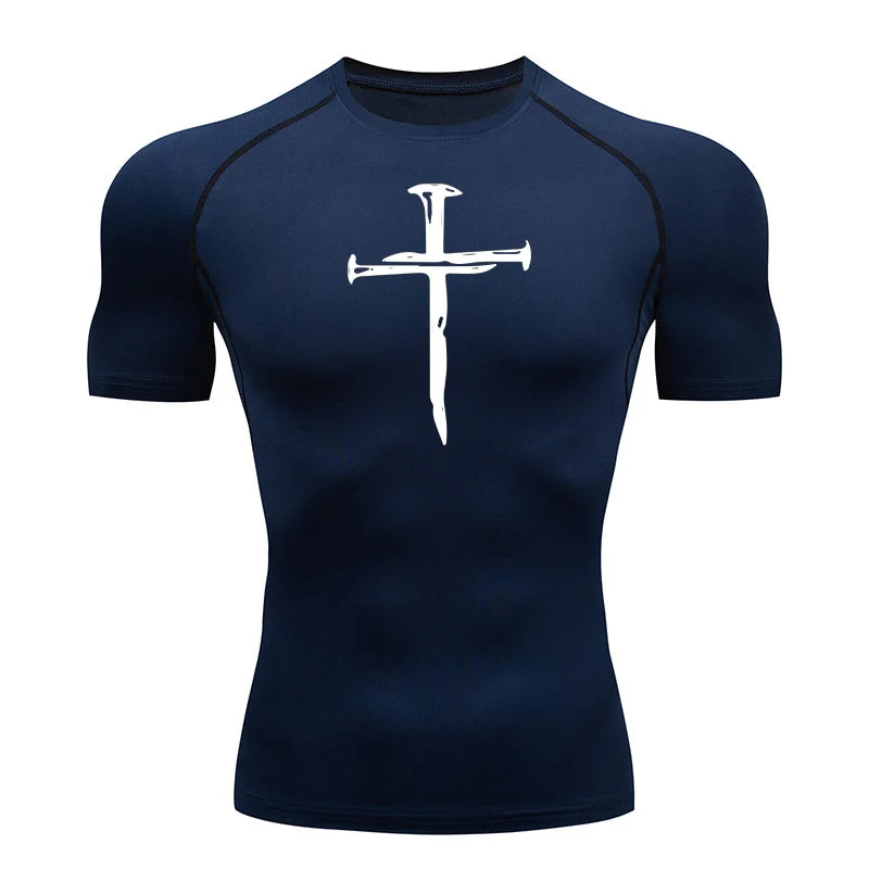 Short Sleeve Revena™ "Nail Cross" Pattern Elastic Compression Shirt