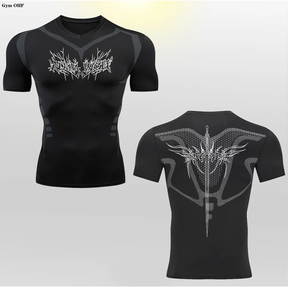 Short Sleeve Revena™ "Alpha Wolf" Pattern Elastic Compression Shirt