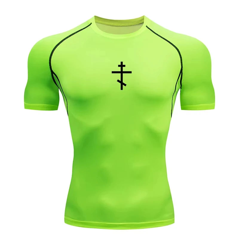 Short Sleeve Revena™ "Orthodox Cross" Pattern Elastic Compression Shirt