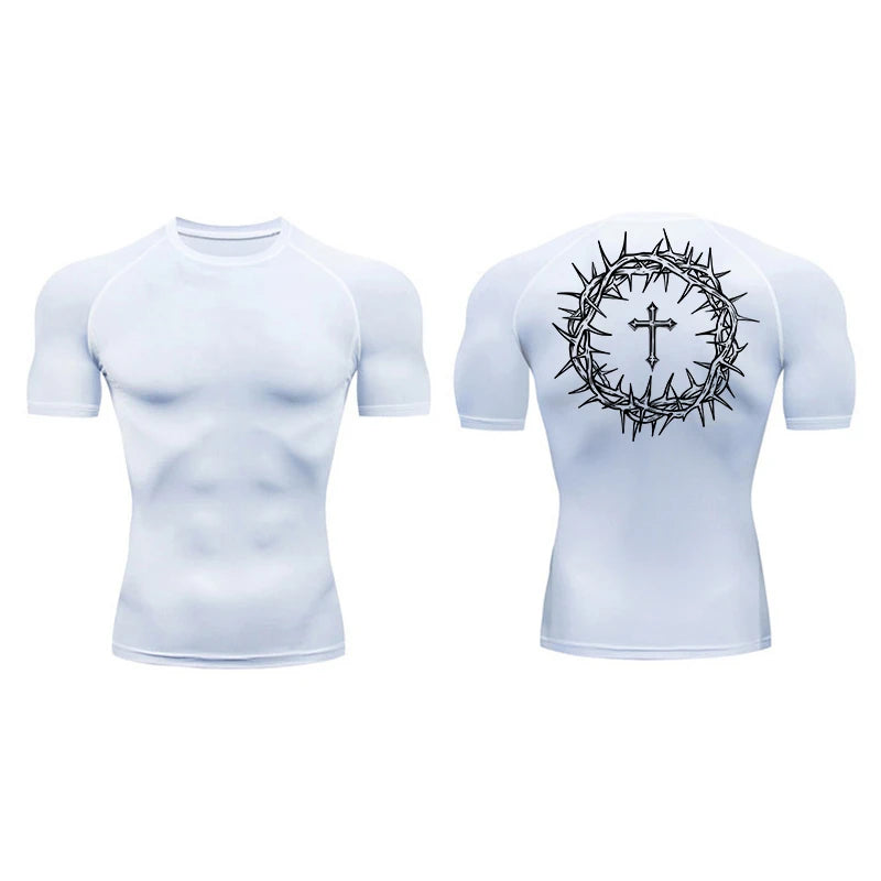 Short Sleeve Revena™ "Crown Of Thorns" Pattern Elastic Compression Shirt