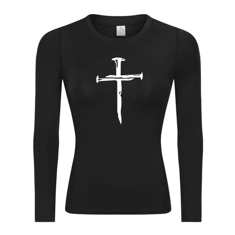Long Sleeve Woman's Revena™ "Nail Cross" Pattern Elastic Compression Shirt