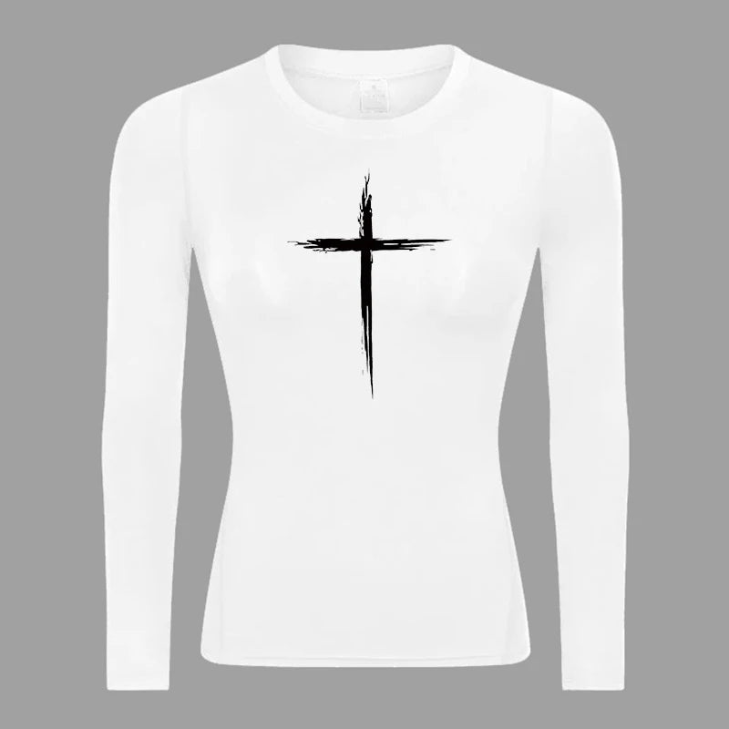 Long Sleeve Woman's Revena™ "Sketch Cross" Pattern Elastic Compression Shirt