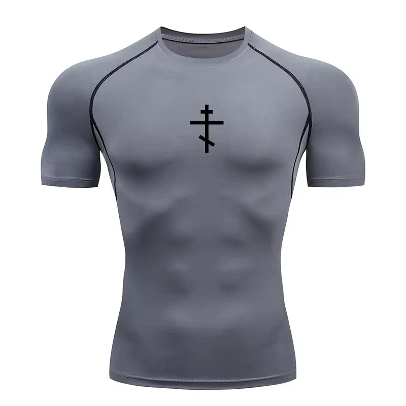 Short Sleeve Revena™ "Orthodox Cross" Pattern Elastic Compression Shirt