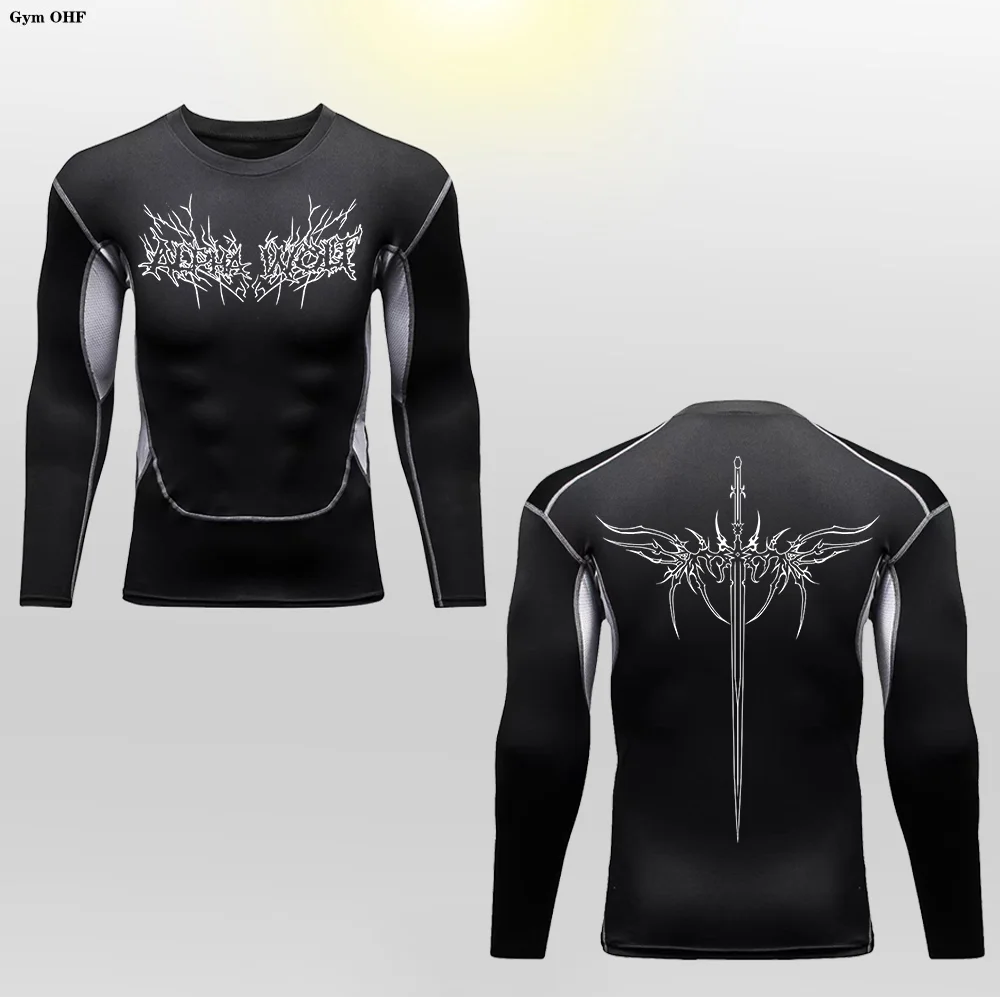 Long Sleeve Revena™ "Alpha Wolf" Pattern Elastic Compression Shirt