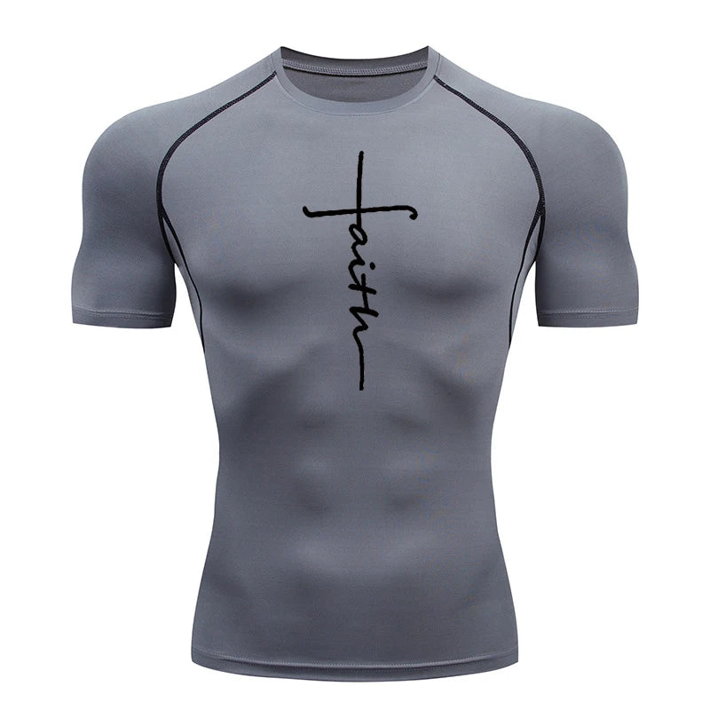Short Sleeve Revena™ "Faith Cross" Pattern Elastic Compression Shirt