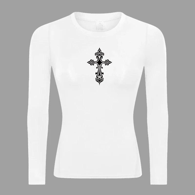 Long Sleeve Woman's Revena™ "Fleur-de-lis Cross" Pattern Elastic Compression Shirt