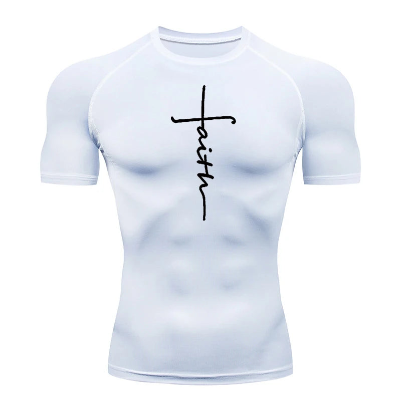 Short Sleeve Revena™ "Faith Cross" Pattern Elastic Compression Shirt