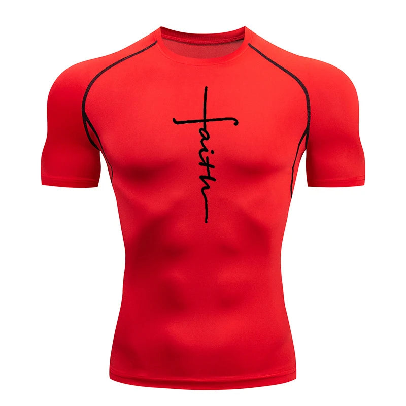 Short Sleeve Revena™ "Faith Cross" Pattern Elastic Compression Shirt