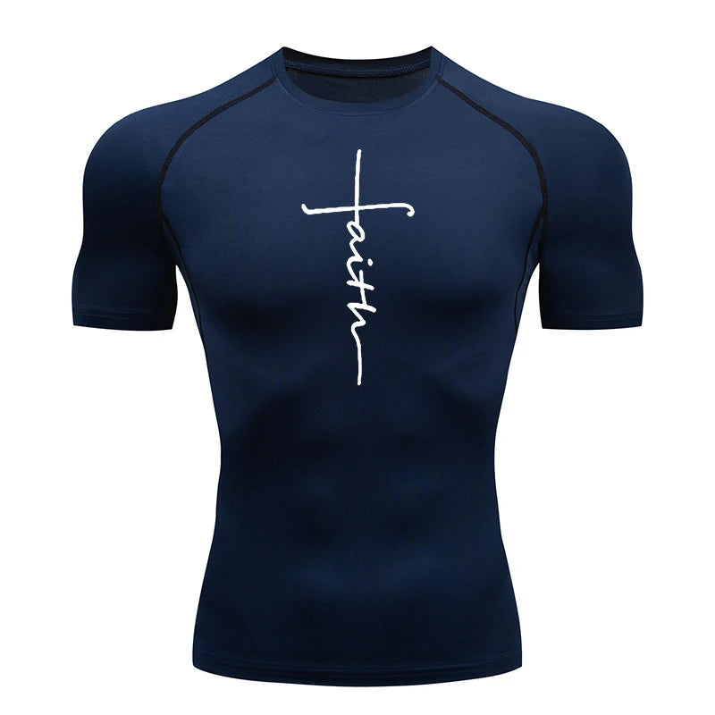 Short Sleeve Revena™ "Faith Cross" Pattern Elastic Compression Shirt