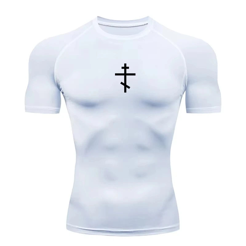 Short Sleeve Revena™ "Orthodox Cross" Pattern Elastic Compression Shirt