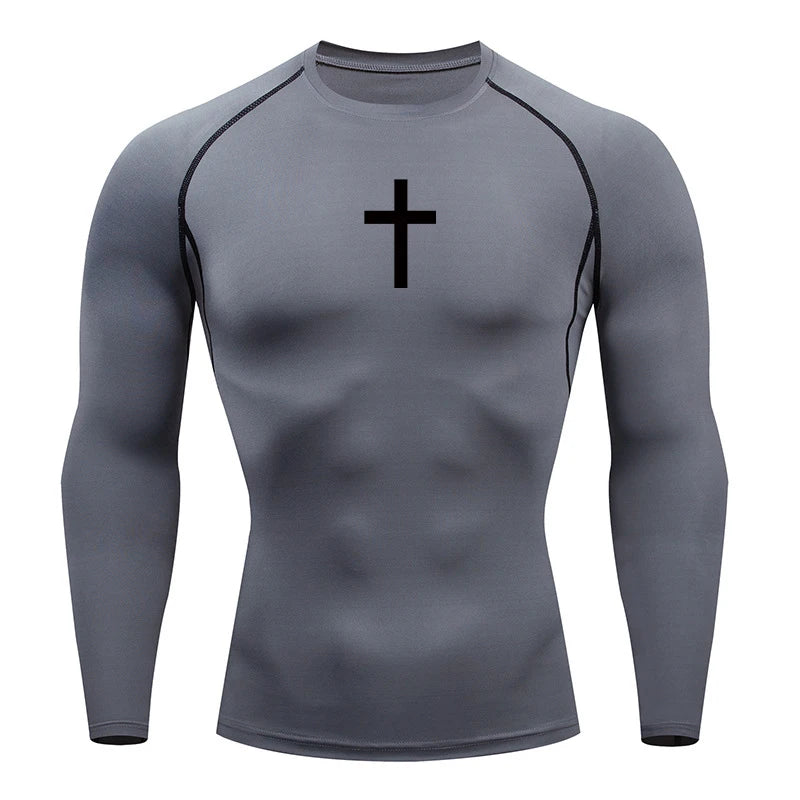 Long Sleeve Revena™ "Simple Cross" Pattern Elastic Compression Shirt