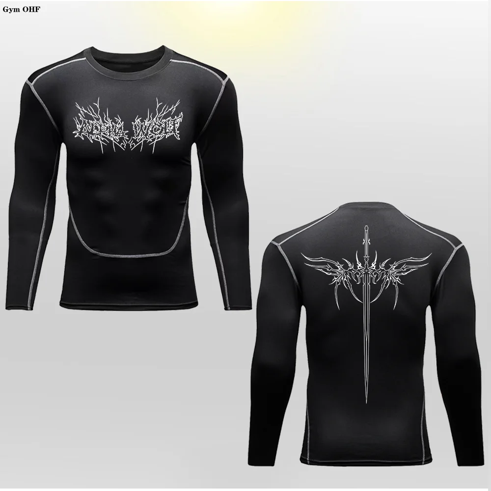 Long Sleeve Revena™ "Alpha Wolf" Pattern Elastic Compression Shirt