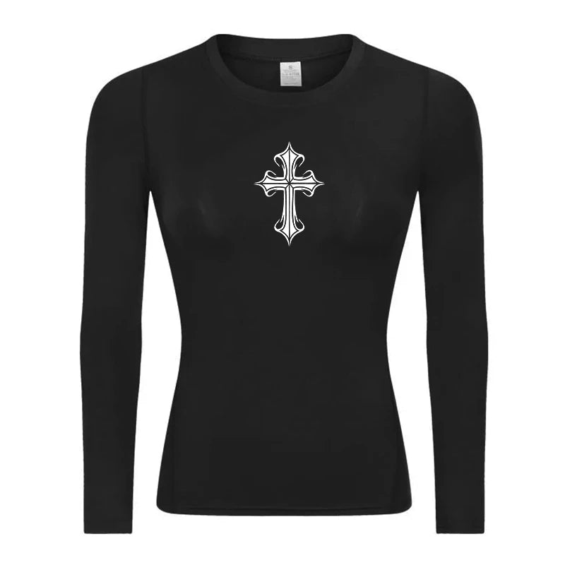 Long Sleeve Woman's Revena™ "Ember Cross" Pattern Elastic Compression Shirt