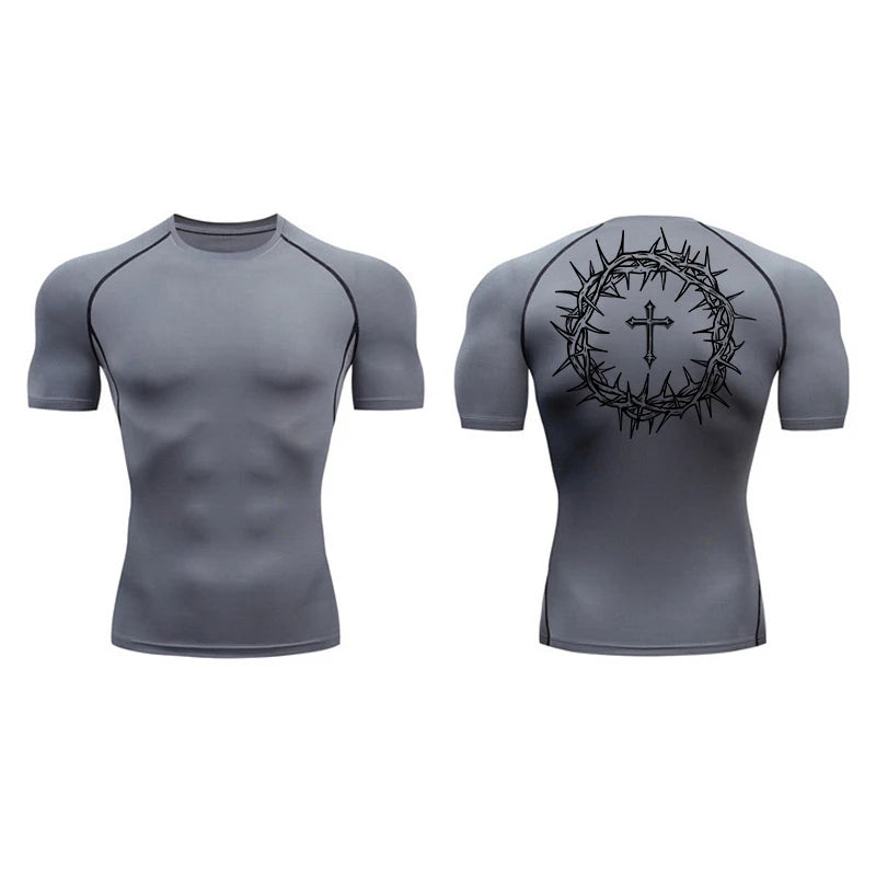 Short Sleeve Revena™ "Crown Of Thorns" Pattern Elastic Compression Shirt