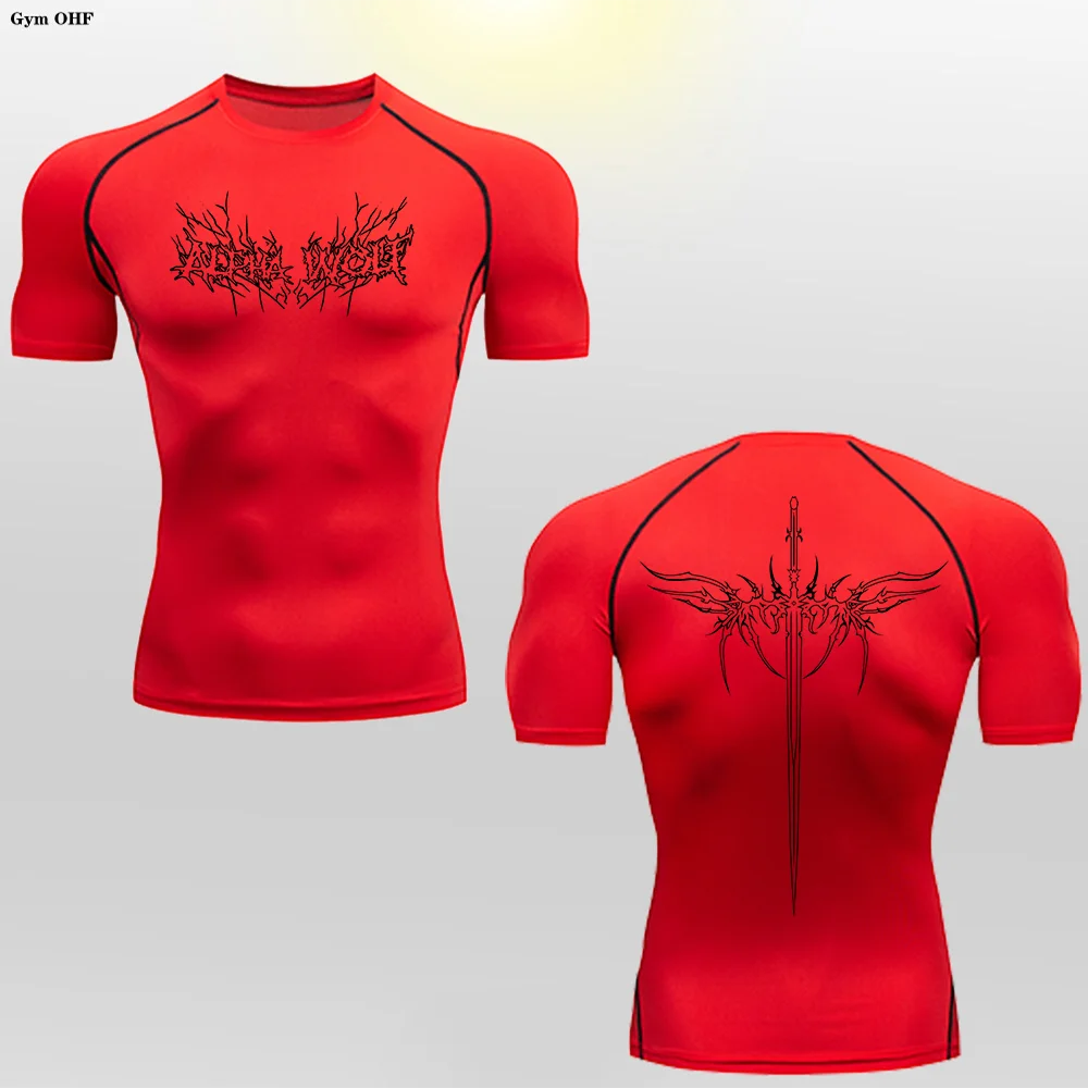 Short Sleeve Revena™ "Alpha Wolf" Pattern Elastic Compression Shirt
