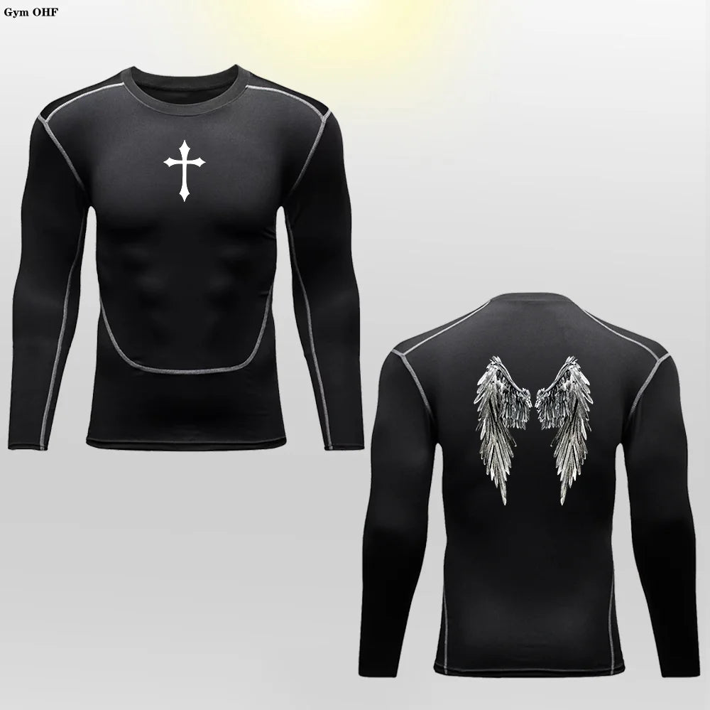 Long Sleeve Revena™ "Angel" Pattern Elastic Compression Shirt