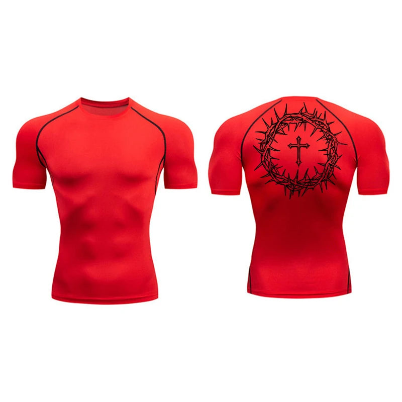Short Sleeve Revena™ "Crown Of Thorns" Pattern Elastic Compression Shirt