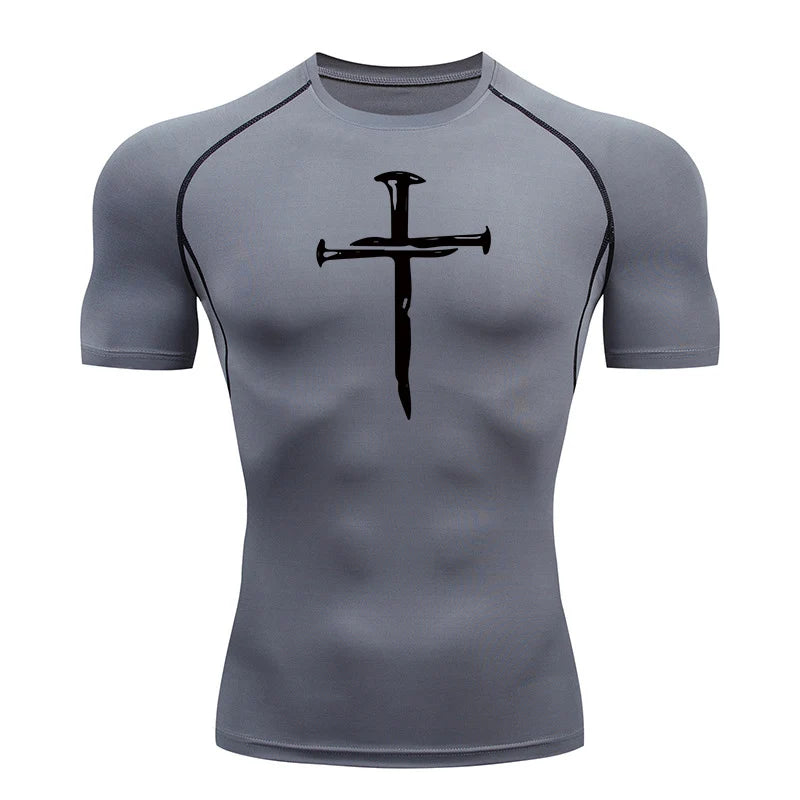 Short Sleeve Revena™ "Nail Cross" Pattern Elastic Compression Shirt