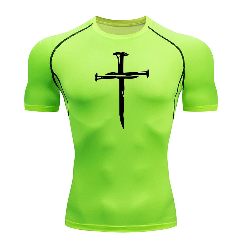 Short Sleeve Revena™ "Nail Cross" Pattern Elastic Compression Shirt