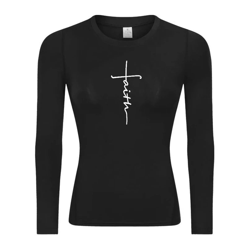 Long Sleeve Woman's Revena™ "Faith Cross" Pattern Elastic Compression Shirt