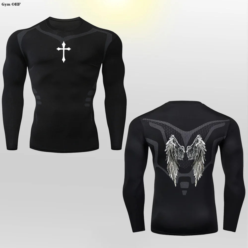 Long Sleeve Revena™ "Angel" Pattern Elastic Compression Shirt