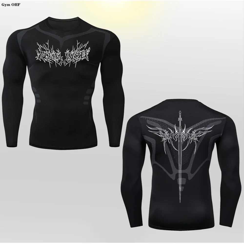 Long Sleeve Revena™ "Alpha Wolf" Pattern Elastic Compression Shirt
