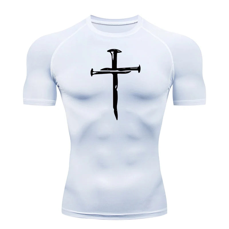 Short Sleeve Revena™ "Nail Cross" Pattern Elastic Compression Shirt