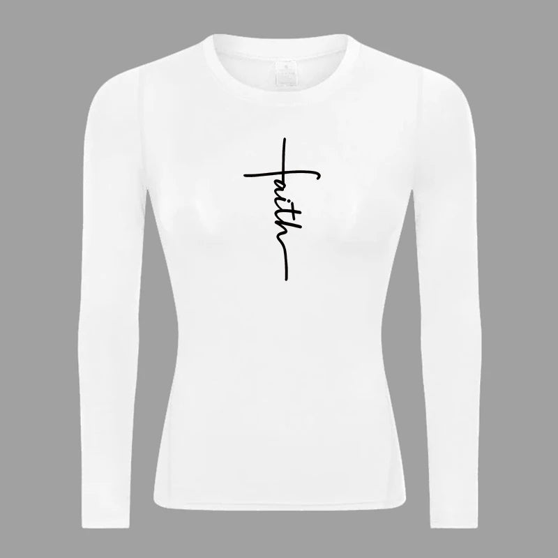Long Sleeve Woman's Revena™ "Faith Cross" Pattern Elastic Compression Shirt