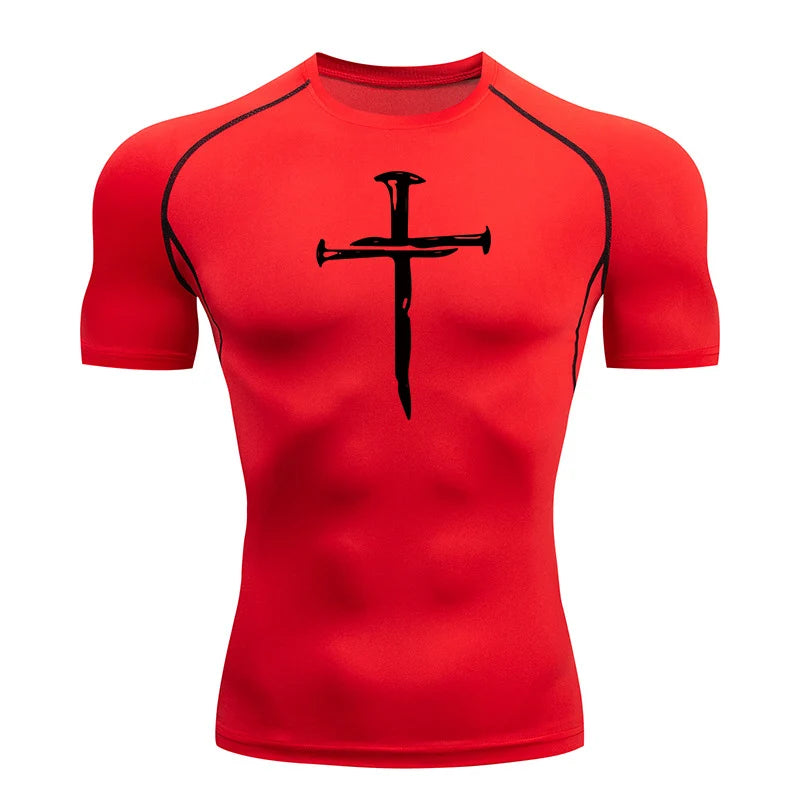 Short Sleeve Revena™ "Nail Cross" Pattern Elastic Compression Shirt