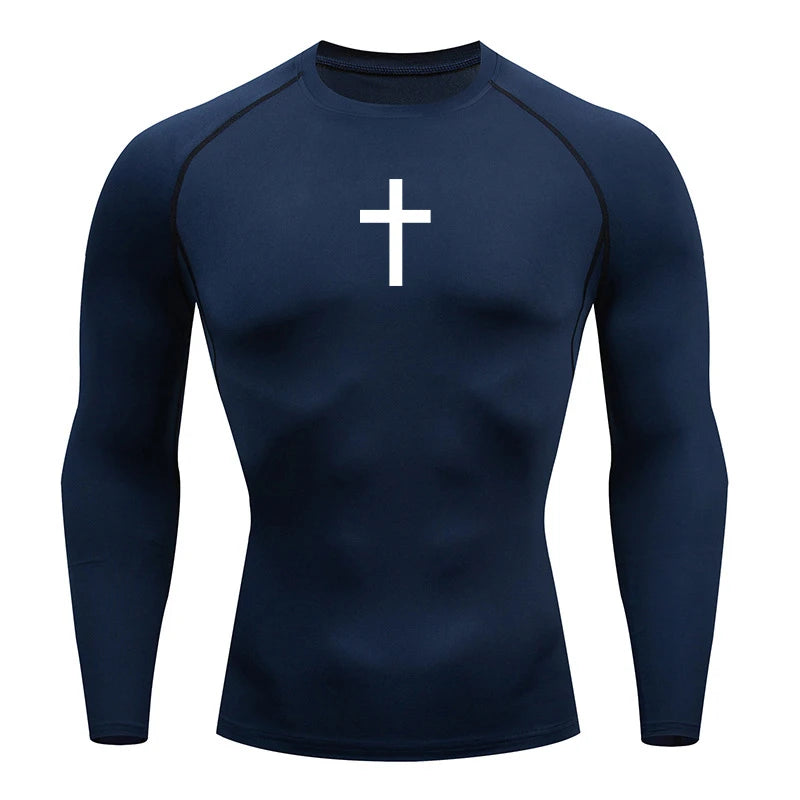 Long Sleeve Revena™ "Simple Cross" Pattern Elastic Compression Shirt