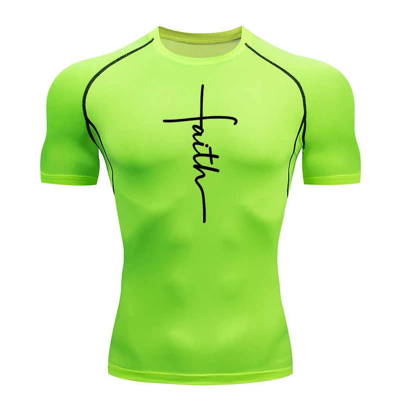 Short Sleeve Revena™ "Faith Cross" Pattern Elastic Compression Shirt