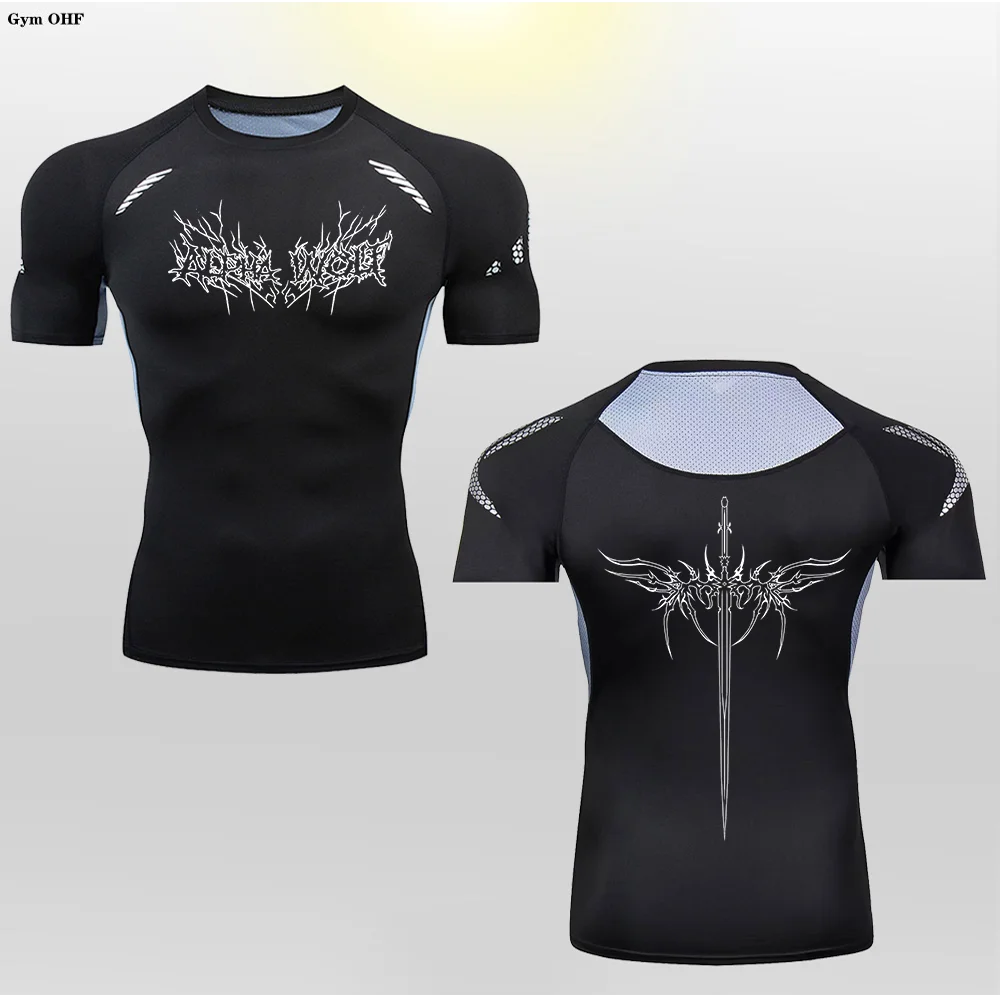Short Sleeve Revena™ "Alpha Wolf" Pattern Elastic Compression Shirt