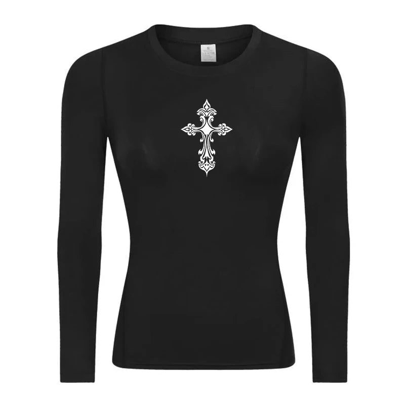 Long Sleeve Woman's Revena™ "Fleur-de-lis Cross" Pattern Elastic Compression Shirt