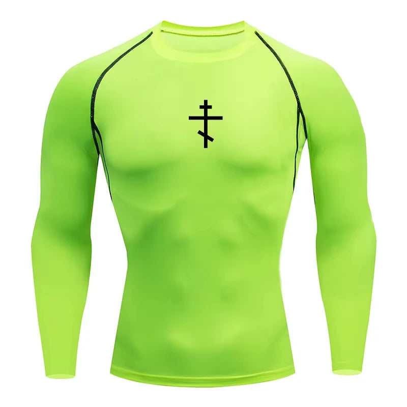 Long Sleeve Revena™ "Orthodox Cross" Pattern Elastic Compression Shirt