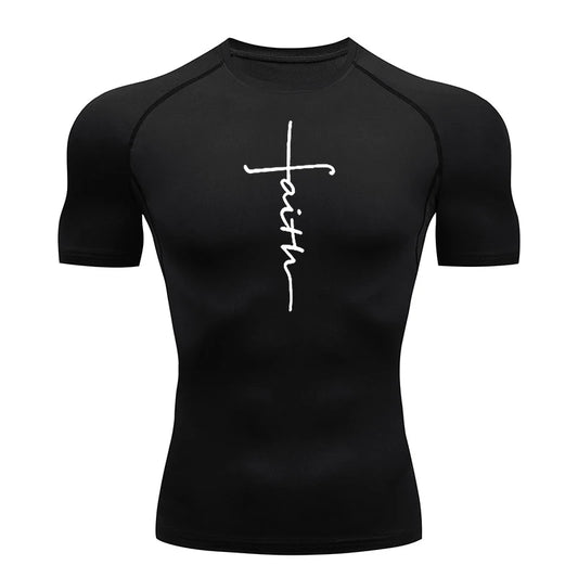 Short Sleeve Revena™ "Faith Cross" Pattern Elastic Compression Shirt