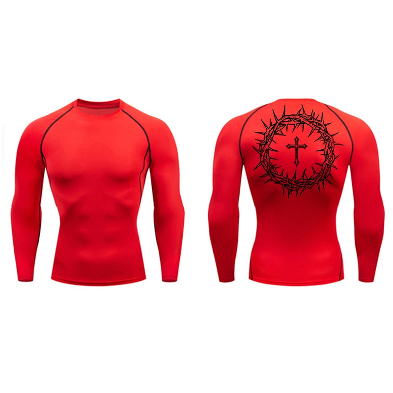 Long Sleeve Revena™ "Crown Of Thorns" Pattern Elastic Compression Shirt