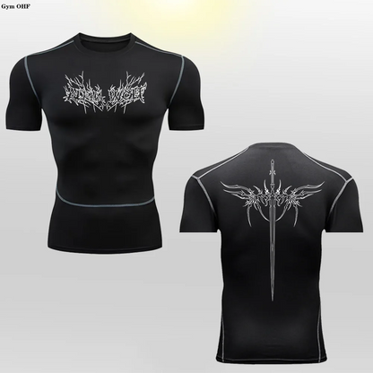 Short Sleeve Revena™ "Alpha Wolf" Pattern Elastic Compression Shirt
