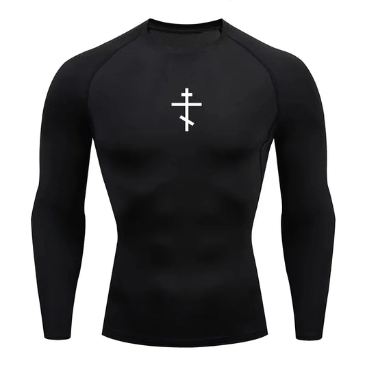 Long Sleeve Revena™ "Orthodox Cross" Pattern Elastic Compression Shirt