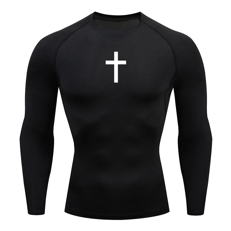 Long Sleeve Revena™ "Simple Cross" Pattern Elastic Compression Shirt