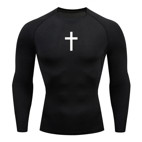 Long Sleeve Revena™ "Simple Cross" Pattern Elastic Compression Shirt
