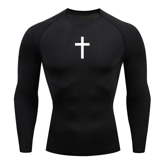 Long Sleeve Revena™ "Simple Cross" Pattern Elastic Compression Shirt