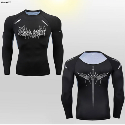 Long Sleeve Revena™ "Alpha Wolf" Pattern Elastic Compression Shirt