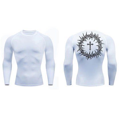 Long Sleeve Revena™ "Crown Of Thorns" Pattern Elastic Compression Shirt